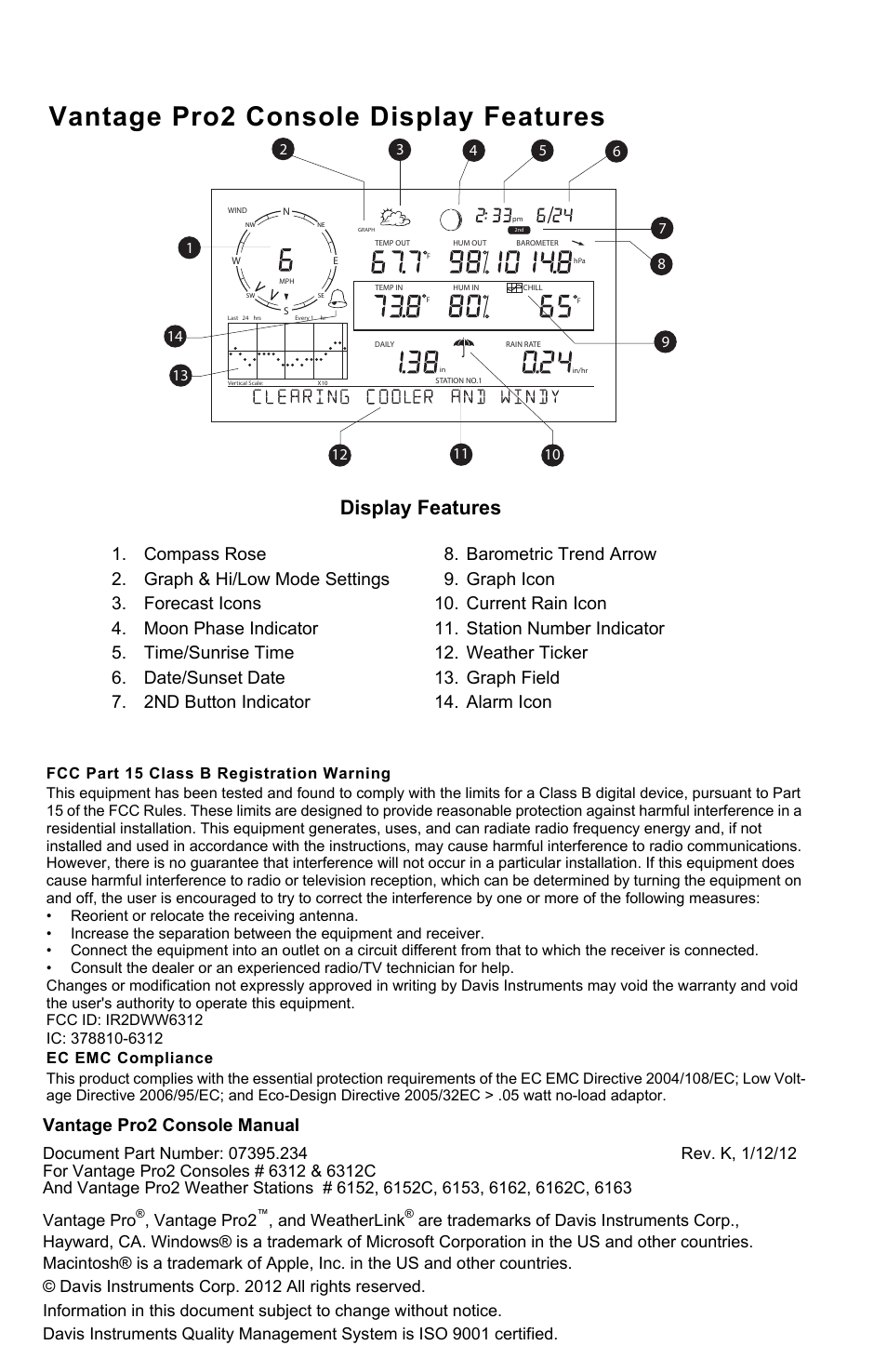 Vantage pro2 console display features, Display features, Vantage pro2 console manual | Vantage pro2, And weatherlink | DAVIS Vantage Pro2 Console User Manual | Page 2 / 56