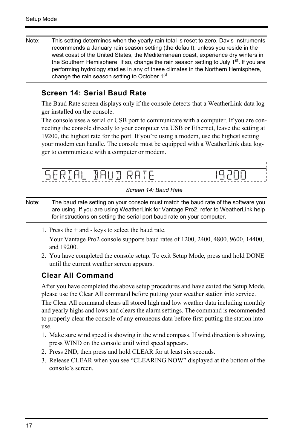 Screen 14: serial baud rate, Clear all command | DAVIS Vantage Pro2 Console User Manual | Page 20 / 56