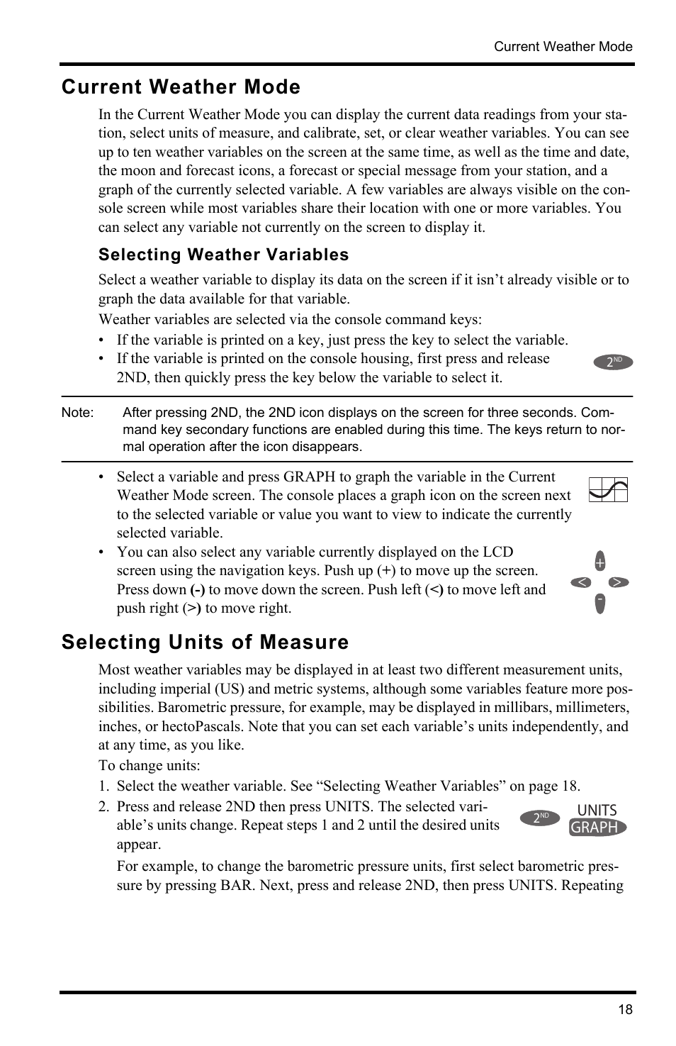 Current weather mode, Selecting weather variables, Selecting units of measure | Current weather mode selecting units of measure | DAVIS Vantage Pro2 Console User Manual | Page 21 / 56