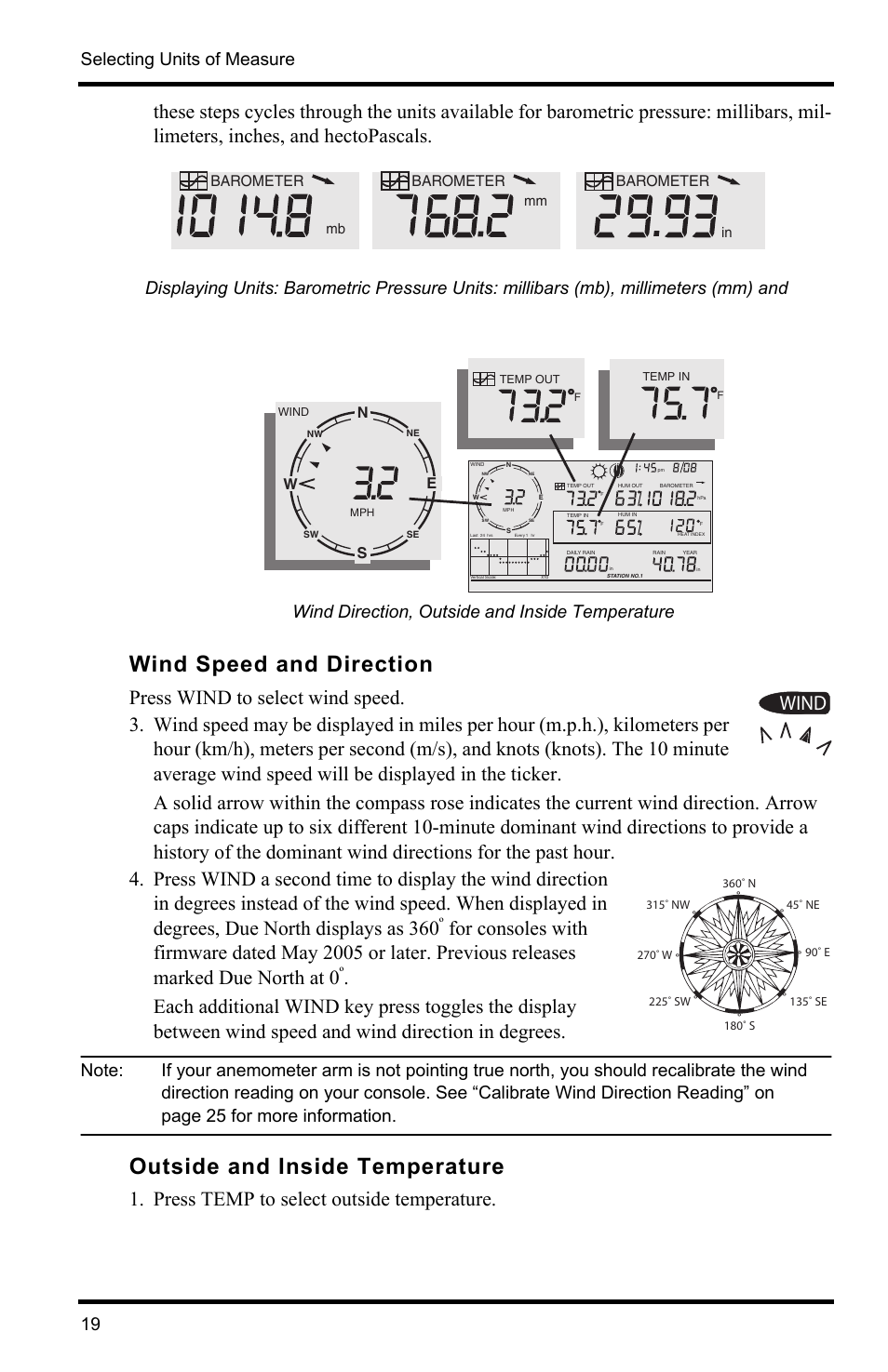 Wind speed and direction, Outside and inside temperature, Press temp to select outside temperature | Wind, Selecting units of measure 19, Wind direction, outside and inside temperature, Barometer | DAVIS Vantage Pro2 Console User Manual | Page 22 / 56