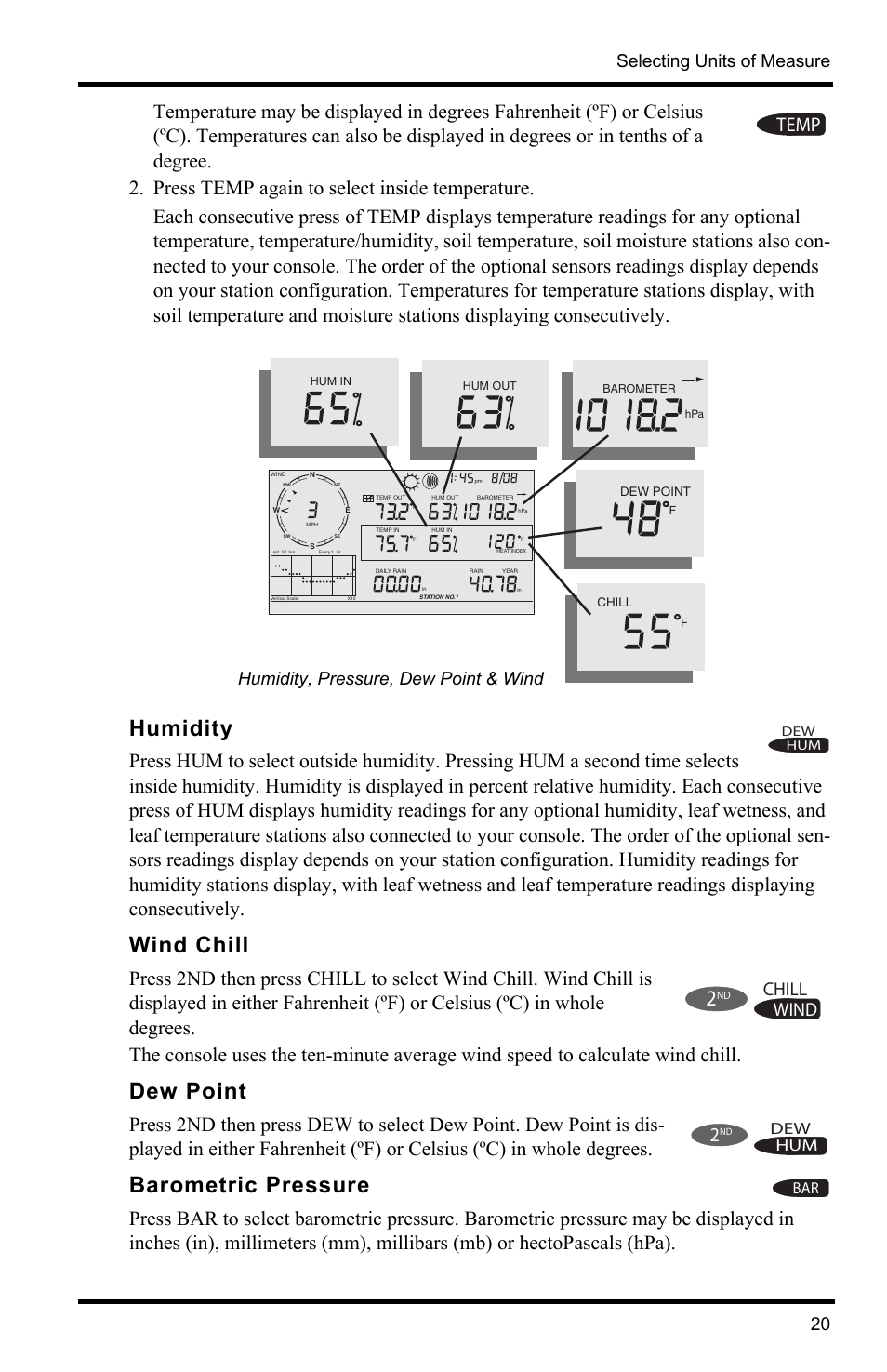 Humidity, Wind chill, Dew point | Barometric pressure, Selecting units of measure 20, Humidity, pressure, dew point & wind, Hum dew bar | DAVIS Vantage Pro2 Console User Manual | Page 23 / 56