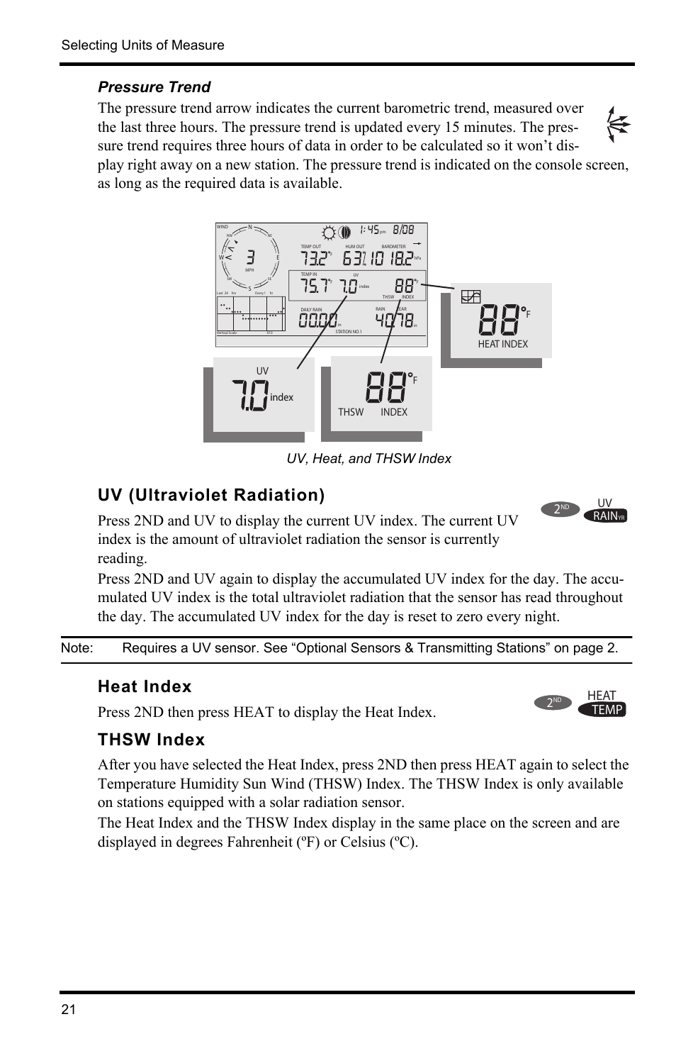 Uv (ultraviolet radiation), Heat index, Thsw index | Selecting units of measure 21, Uv, heat, and thsw index, Temp heat, Rain | DAVIS Vantage Pro2 Console User Manual | Page 24 / 56