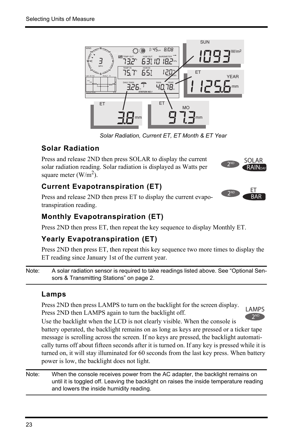 Solar radiation, Current evapotranspiration (et), Monthly evapotranspiration (et) | Yearly evapotranspiration (et), Lamps, Rain, Solar, 2lamps, Bar et, Selecting units of measure 23 | DAVIS Vantage Pro2 Console User Manual | Page 26 / 56