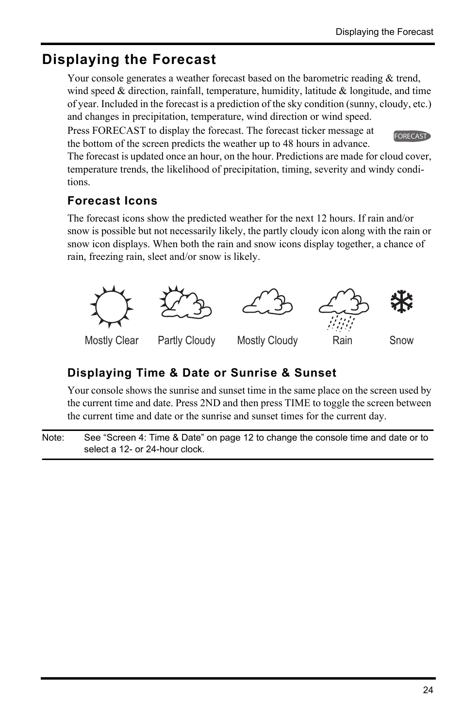Displaying the forecast, Forecast icons, Displaying time & date or sunrise & sunset | DAVIS Vantage Pro2 Console User Manual | Page 27 / 56