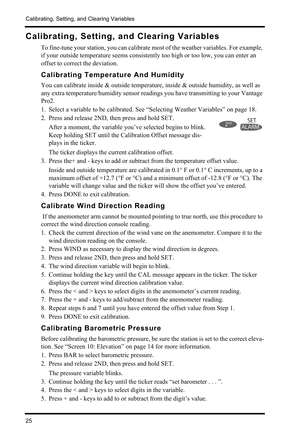 Calibrating, setting, and clearing variables, Calibrating temperature and humidity, Calibrate wind direction reading | Calibrating barometric pressure | DAVIS Vantage Pro2 Console User Manual | Page 28 / 56