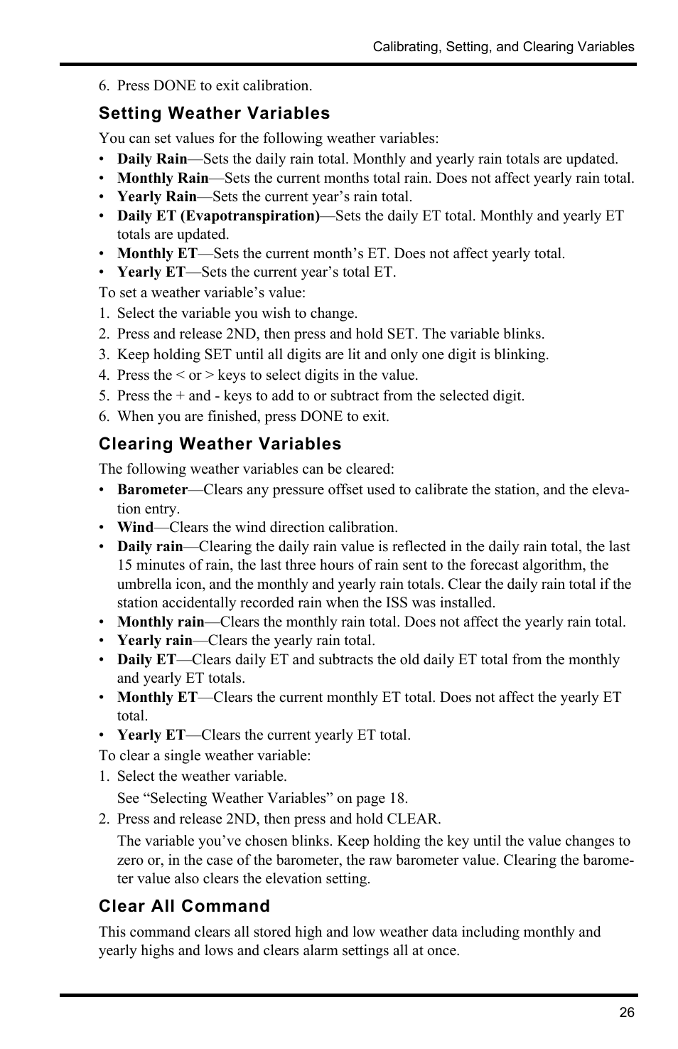 Setting weather variables, Clearing weather variables, Clear all command | DAVIS Vantage Pro2 Console User Manual | Page 29 / 56