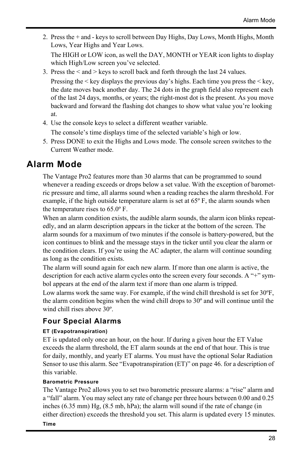 Alarm mode, Four special alarms | DAVIS Vantage Pro2 Console User Manual | Page 31 / 56