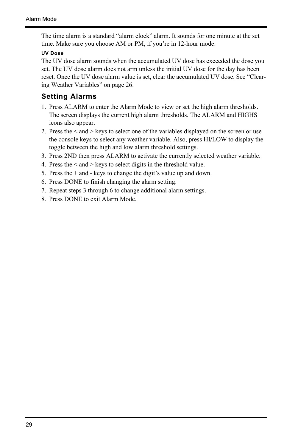 Setting alarms | DAVIS Vantage Pro2 Console User Manual | Page 32 / 56