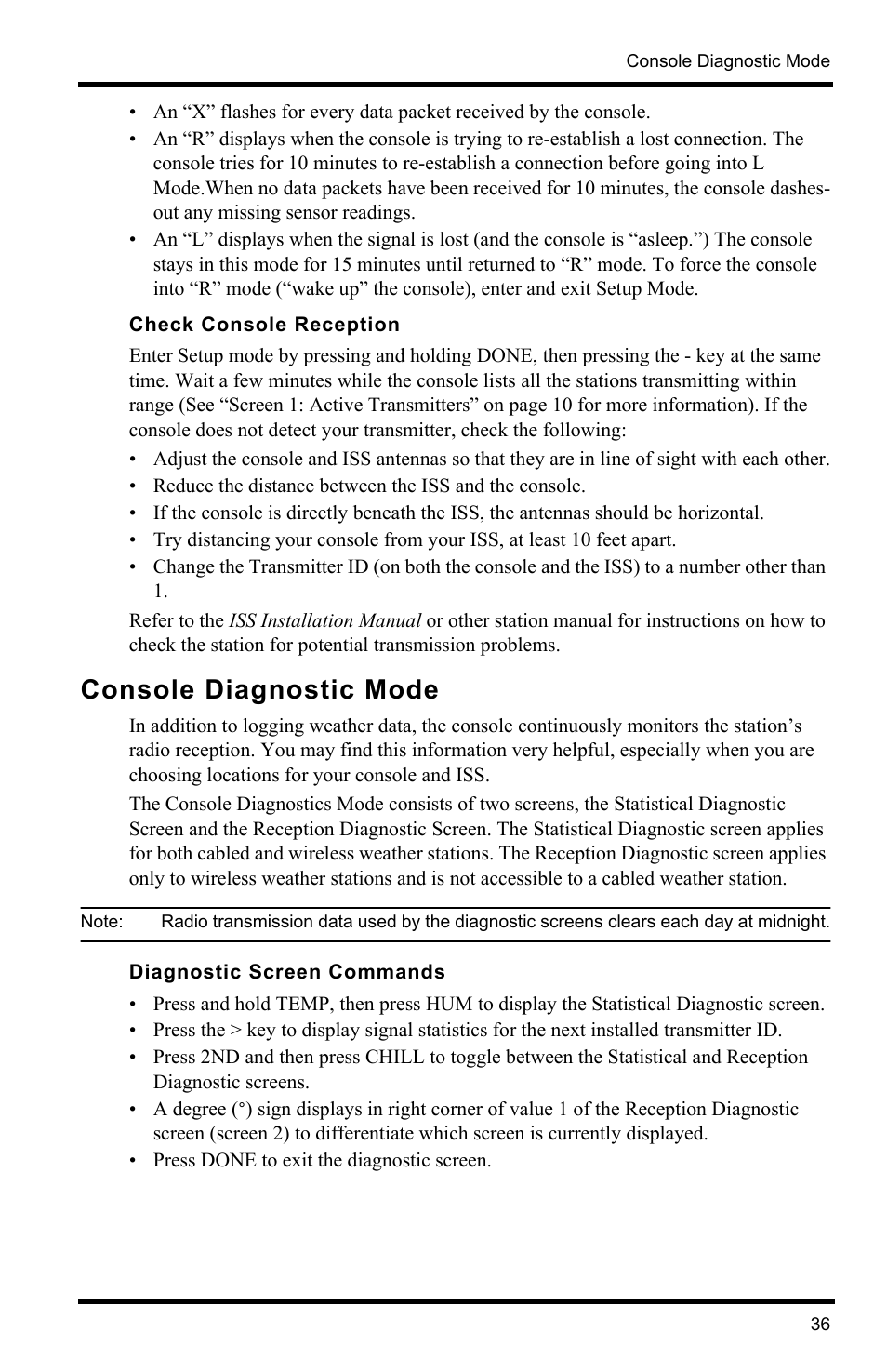 Check console reception, Console diagnostic mode, Diagnostic screen commands | DAVIS Vantage Pro2 Console User Manual | Page 39 / 56