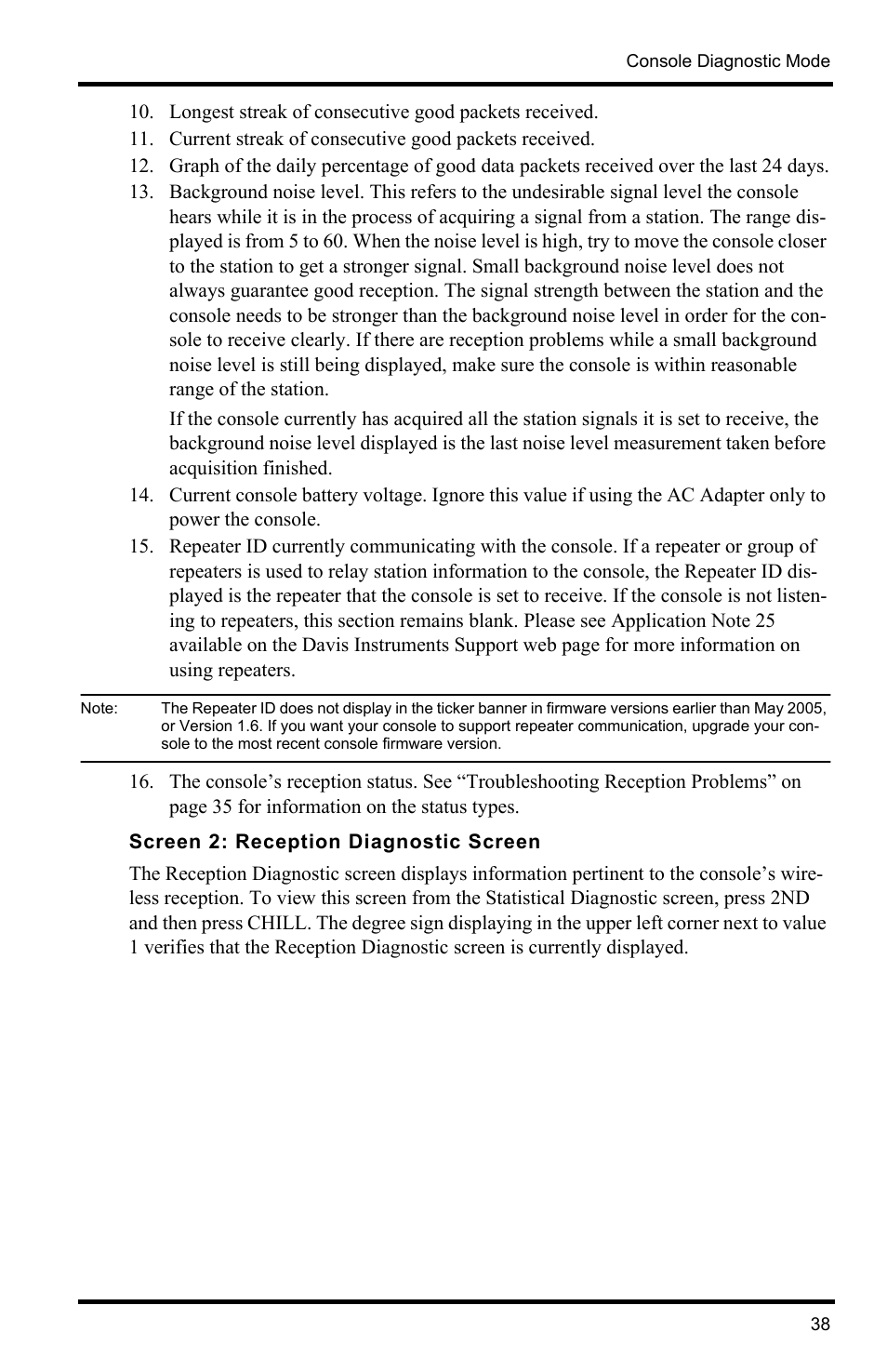 Screen 2: reception diagnostic screen | DAVIS Vantage Pro2 Console User Manual | Page 41 / 56