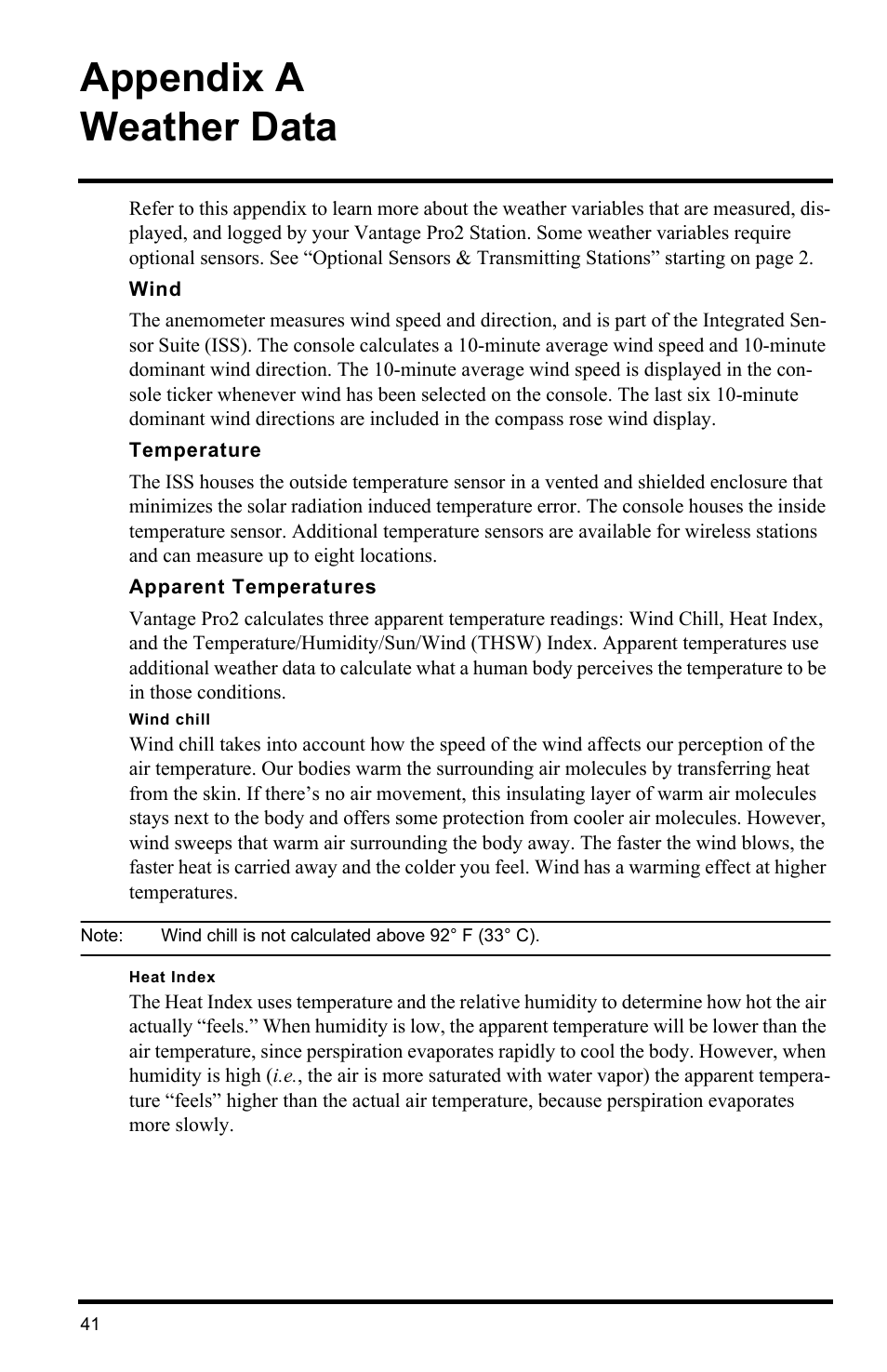 Appendix a weather data, Wind, Temperature | Apparent temperatures | DAVIS Vantage Pro2 Console User Manual | Page 44 / 56