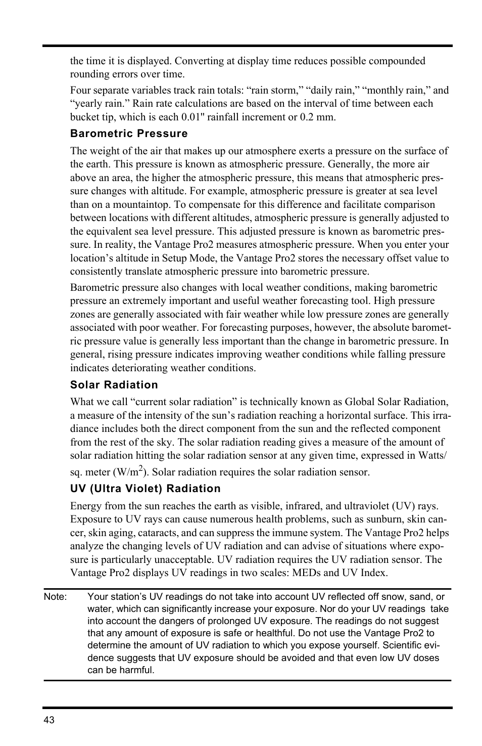 Barometric pressure, Solar radiation, Uv (ultra violet) radiation | DAVIS Vantage Pro2 Console User Manual | Page 46 / 56