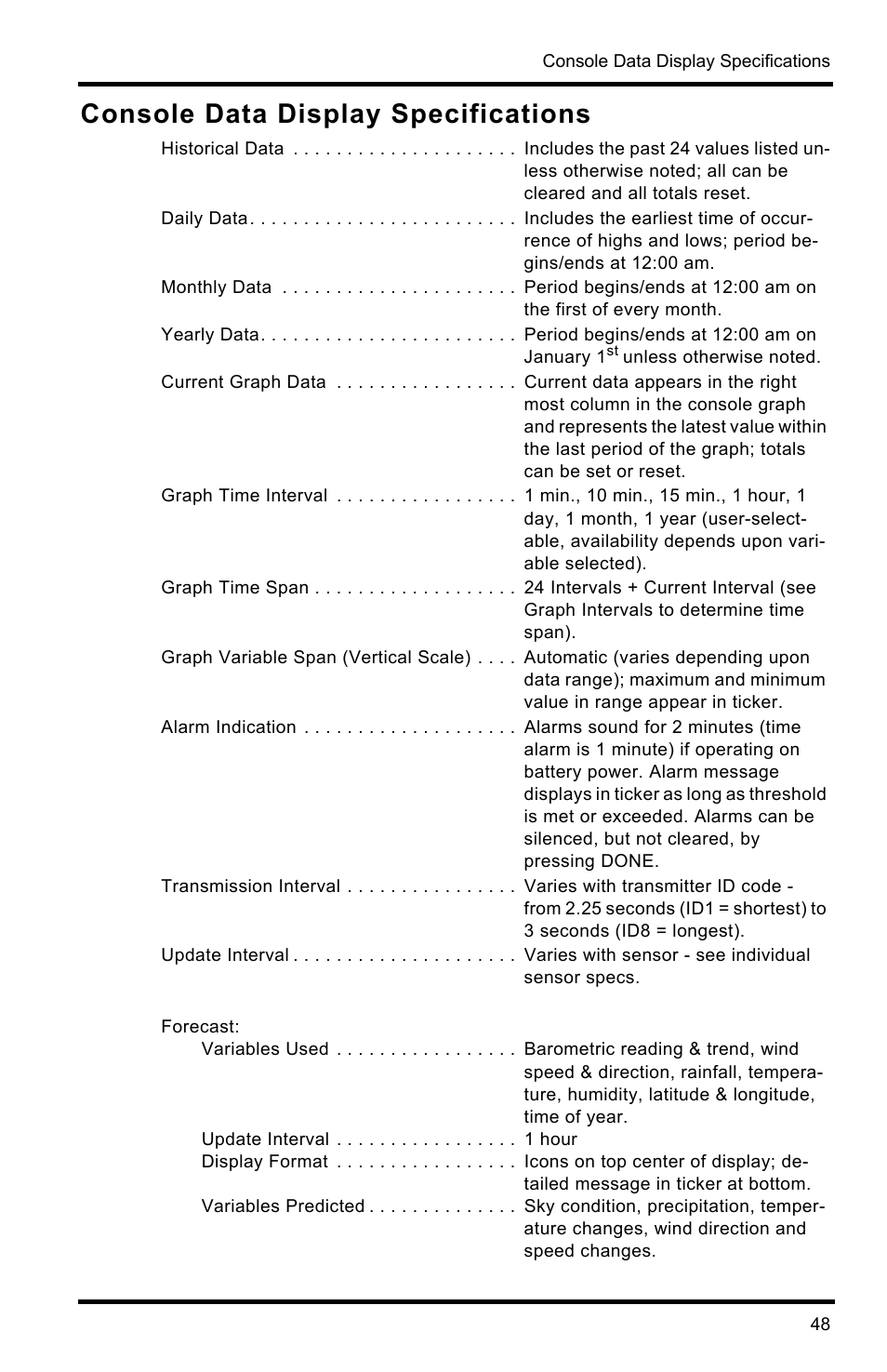 Console data display specifications | DAVIS Vantage Pro2 Console User Manual | Page 51 / 56