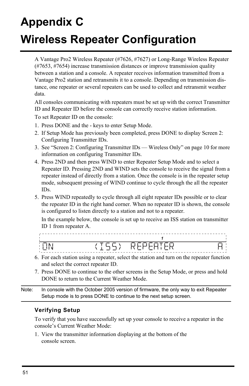 Appendix c, Wireless repeater configuration, Verifying setup | Appendix c wireless repeater configuration | DAVIS Vantage Pro2 Console User Manual | Page 54 / 56