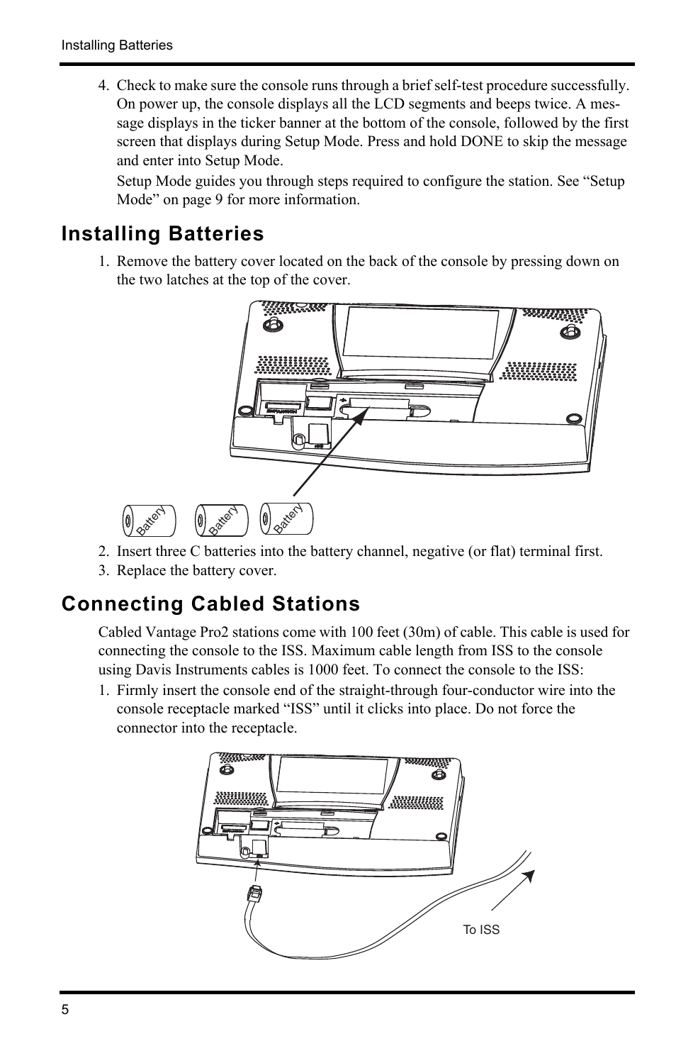 Installing batteries, Connecting cabled stations, Installing batteries connecting cabled stations | DAVIS Vantage Pro2 Console User Manual | Page 8 / 56
