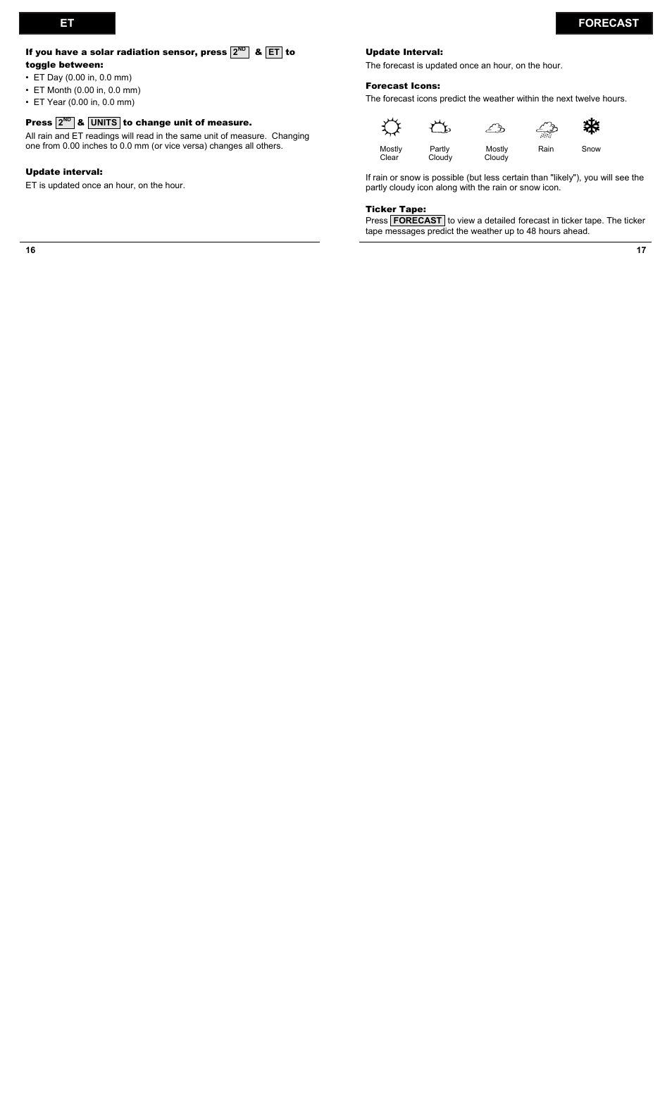 Forecast et | DAVIS Vantage Pro2 Quick Reference Guide User Manual | Page 16 / 16