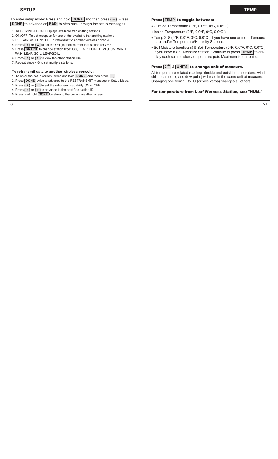 Temp setup | DAVIS Vantage Pro2 Quick Reference Guide User Manual | Page 6 / 16