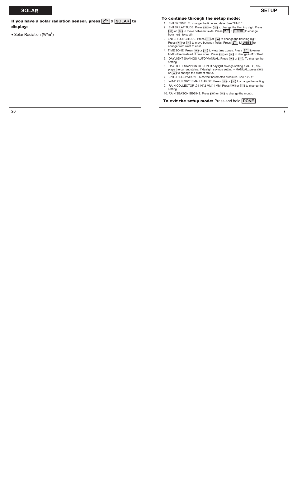 Solar setup | DAVIS Vantage Pro2 Quick Reference Guide User Manual | Page 7 / 16