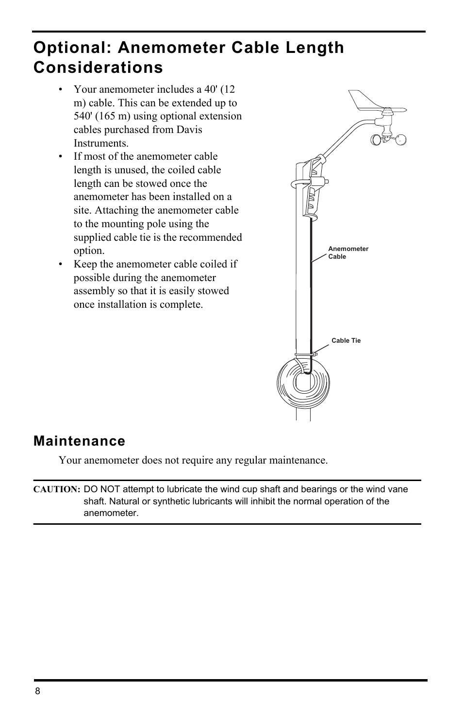 Optional: anemometer cable length considerations, Maintenance | DAVIS Anemometer for Vantage Pro2 (6410) User Manual | Page 10 / 12