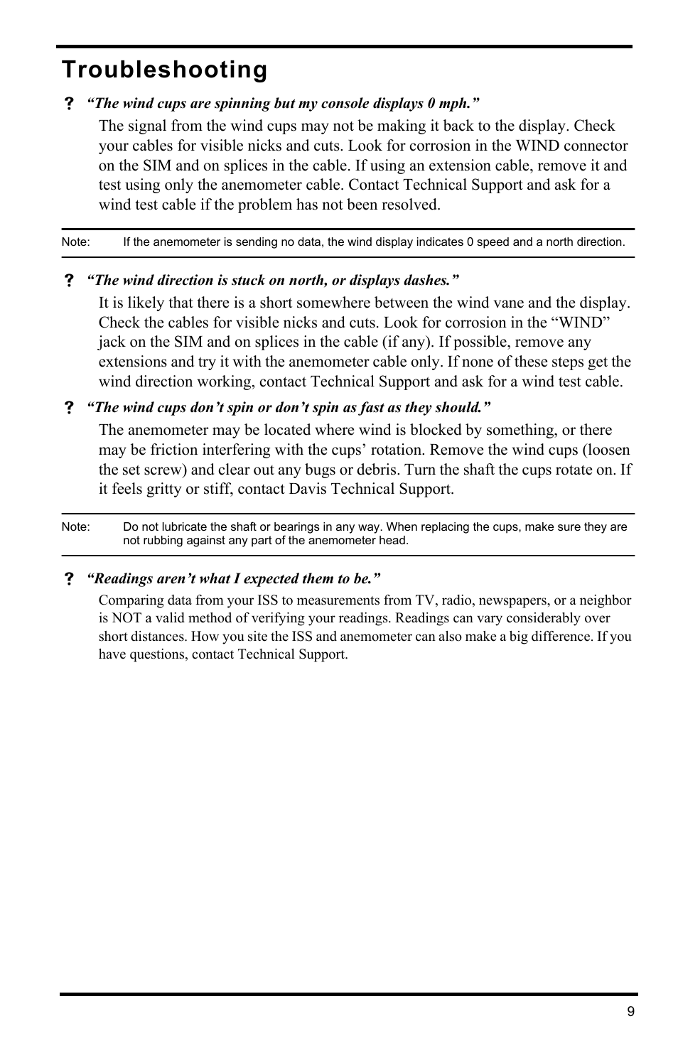 Troubleshooting | DAVIS Anemometer for Vantage Pro2 (6410) User Manual | Page 11 / 12