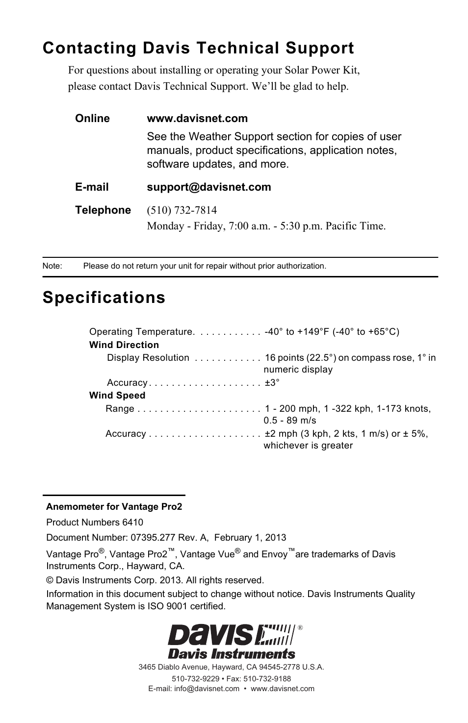 Contacting davis technical support, Specifications | DAVIS Anemometer for Vantage Pro2 (6410) User Manual | Page 12 / 12