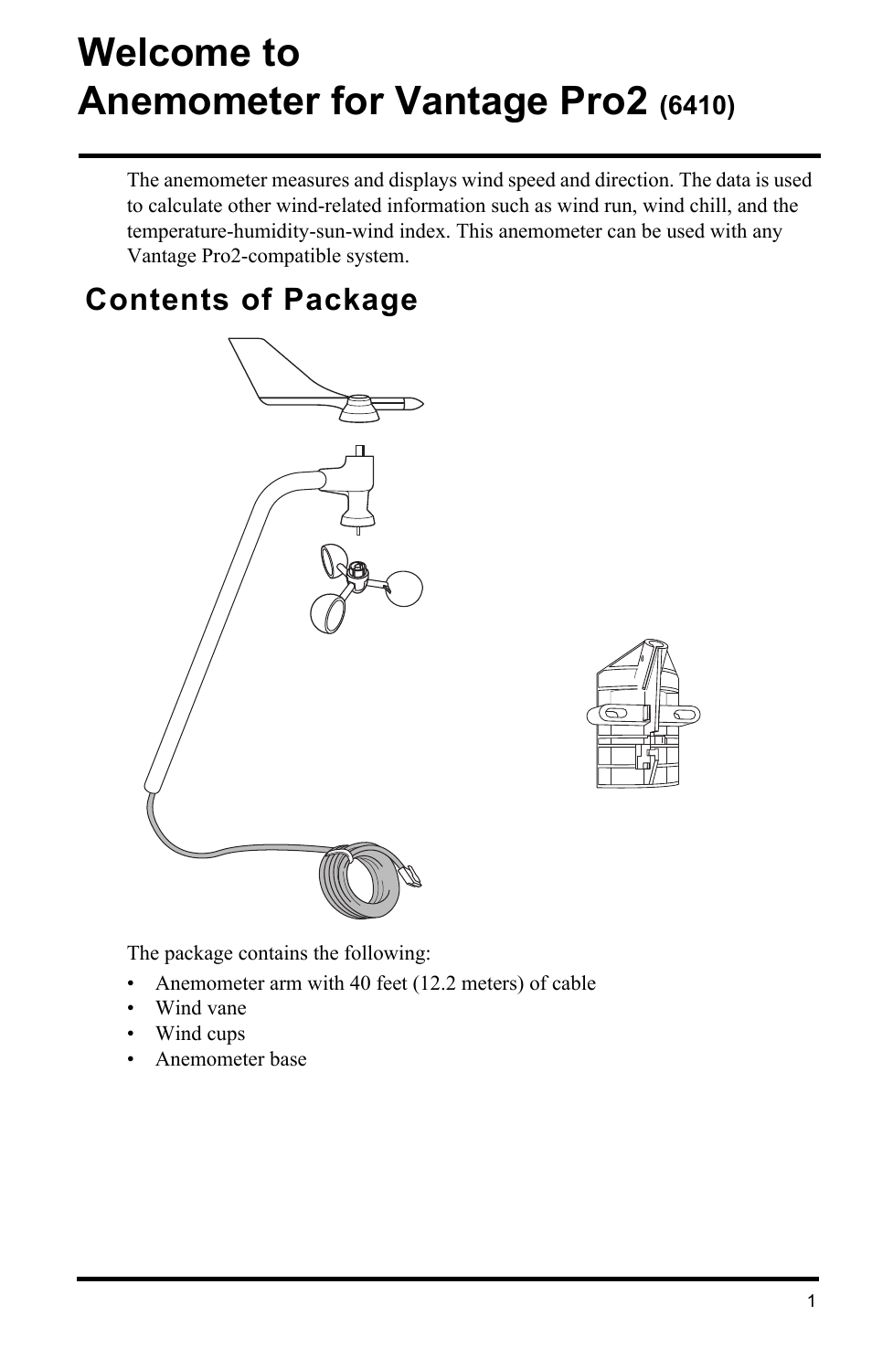 Contents of package, Welcome to anemometer for vantage pro2 | DAVIS Anemometer for Vantage Pro2 (6410) User Manual | Page 3 / 12