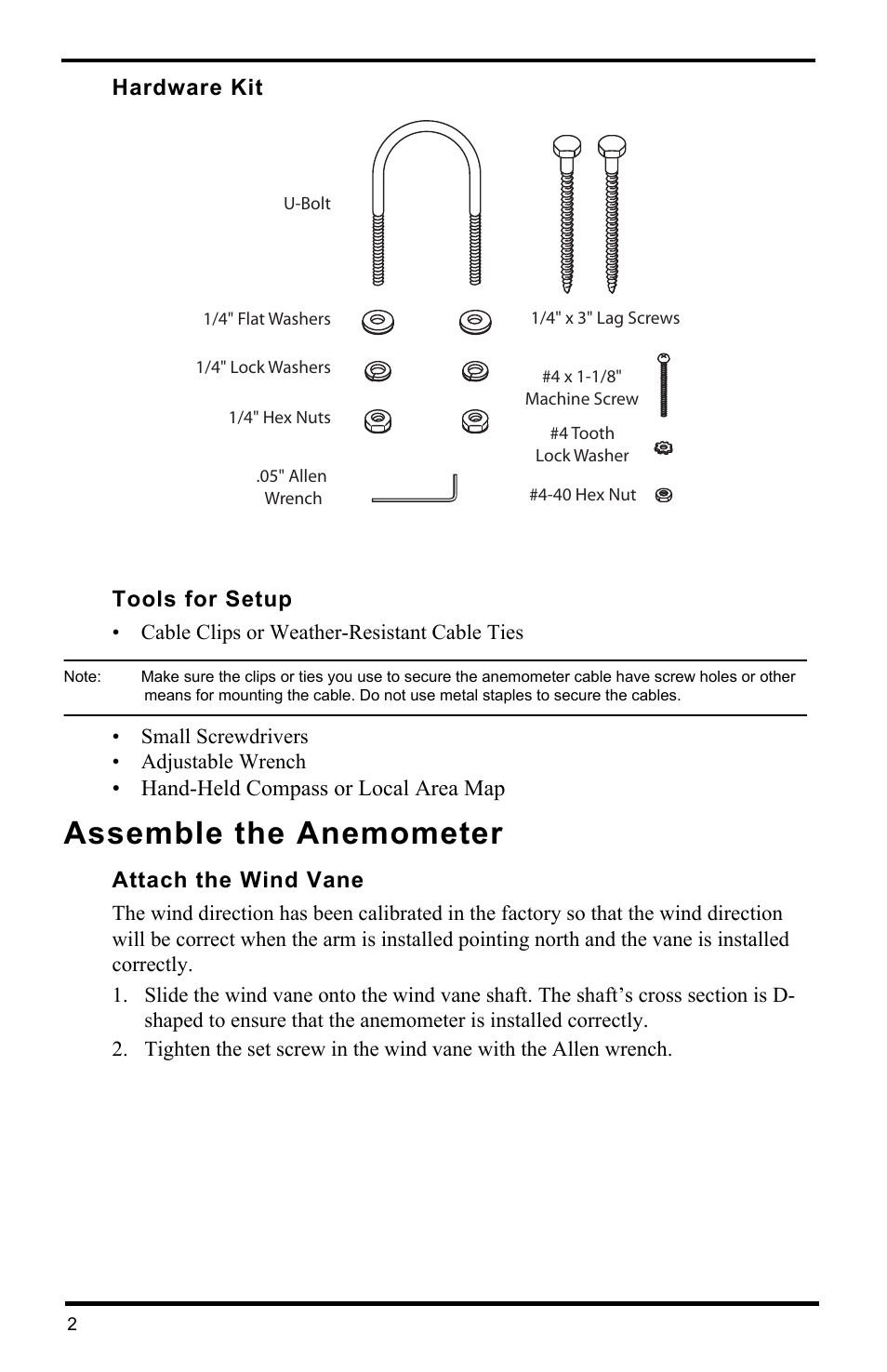Hardware kit tools for setup, Assemble the anemometer, Attach the wind vane | Hand-held compass or local area map | DAVIS Anemometer for Vantage Pro2 (6410) User Manual | Page 4 / 12