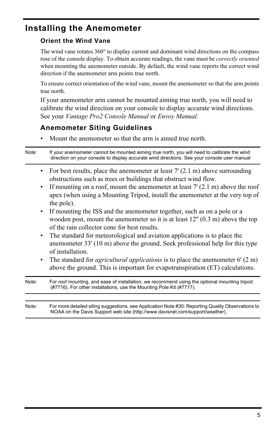 Installing the anemometer, Orient the wind vane, Anemometer siting guidelines | DAVIS Anemometer for Vantage Pro2 (6410) User Manual | Page 7 / 12