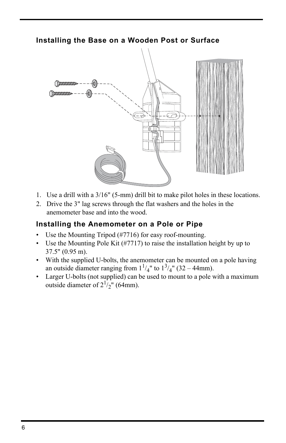 Installing the base on a wooden post or surface, Installing the anemometer on a pole or pipe | DAVIS Anemometer for Vantage Pro2 (6410) User Manual | Page 8 / 12