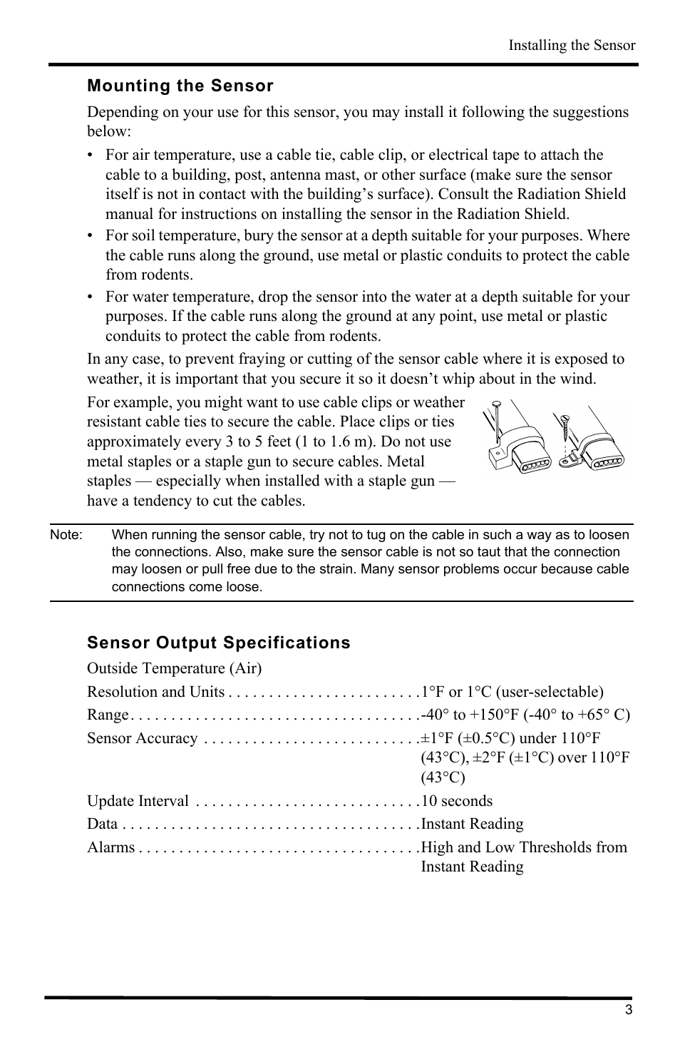 Mounting the sensor, Sensor output specifications | DAVIS External Temperature Sensor with RJ Connector User Manual | Page 3 / 4