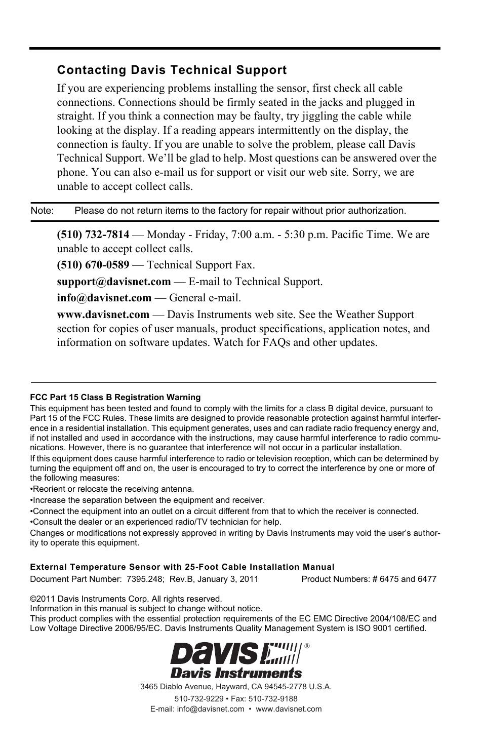 Contacting davis technical support | DAVIS External Temperature Sensor with RJ Connector User Manual | Page 4 / 4