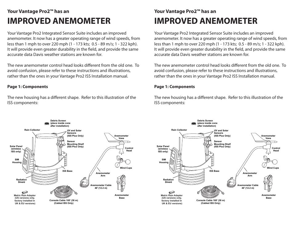 DAVIS New Anemometer Design for Vanatage Pro2 User Manual | 2 pages