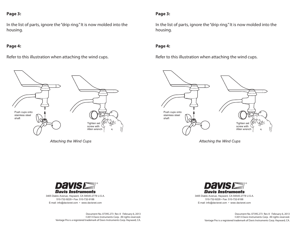 DAVIS New Anemometer Design for Vanatage Pro2 User Manual | Page 2 / 2