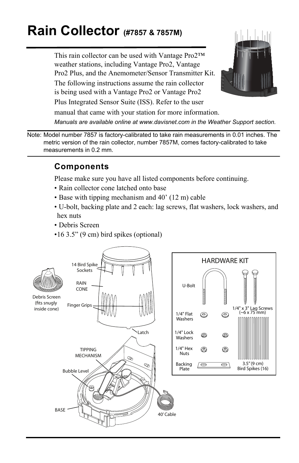 DAVIS Rain Collector for Vantage Pro2 (with grip grooves and bird spikes) User Manual | 8 pages