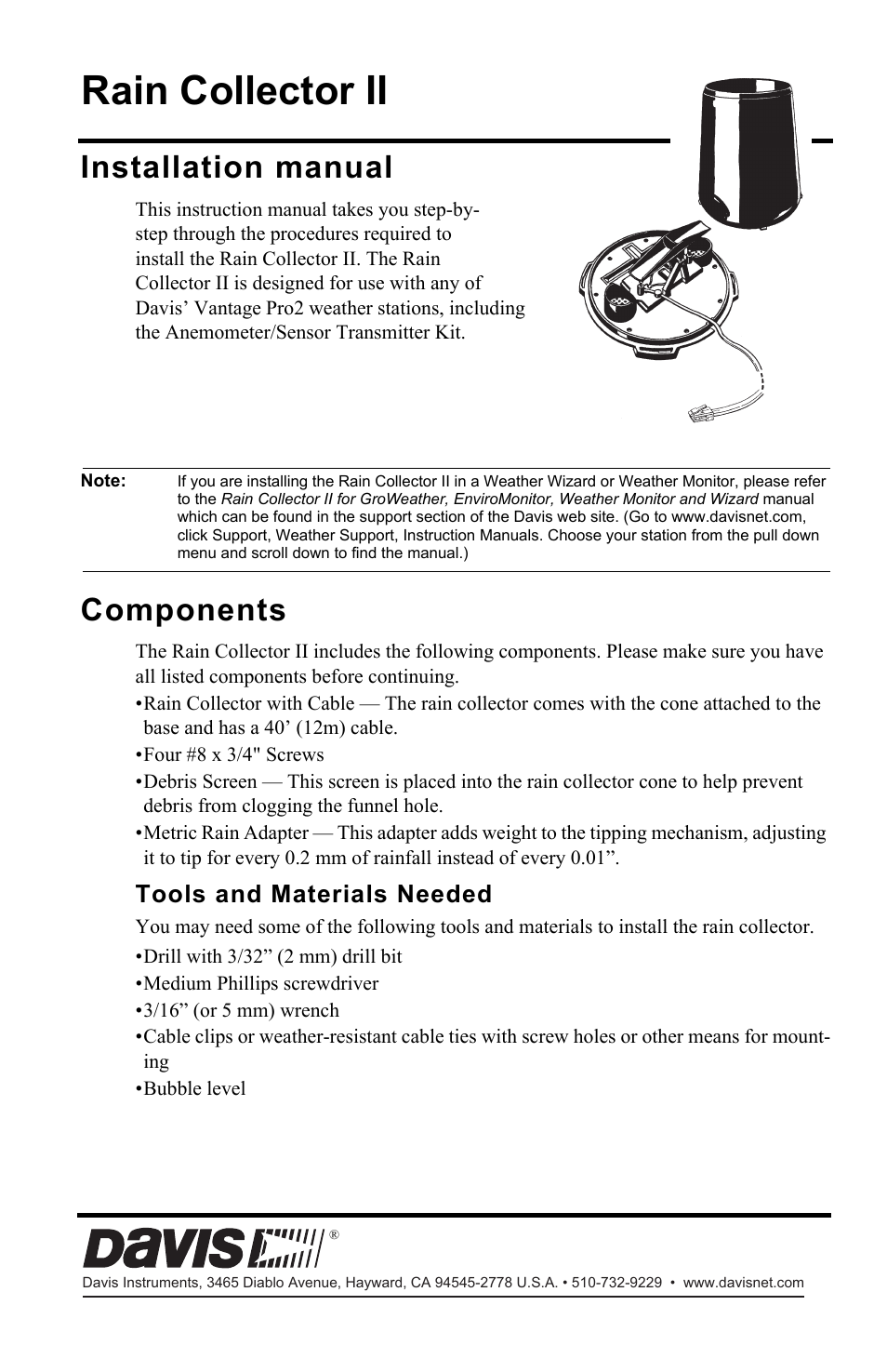 DAVIS Vantage Pro2 Rain Collector II User Manual | 8 pages