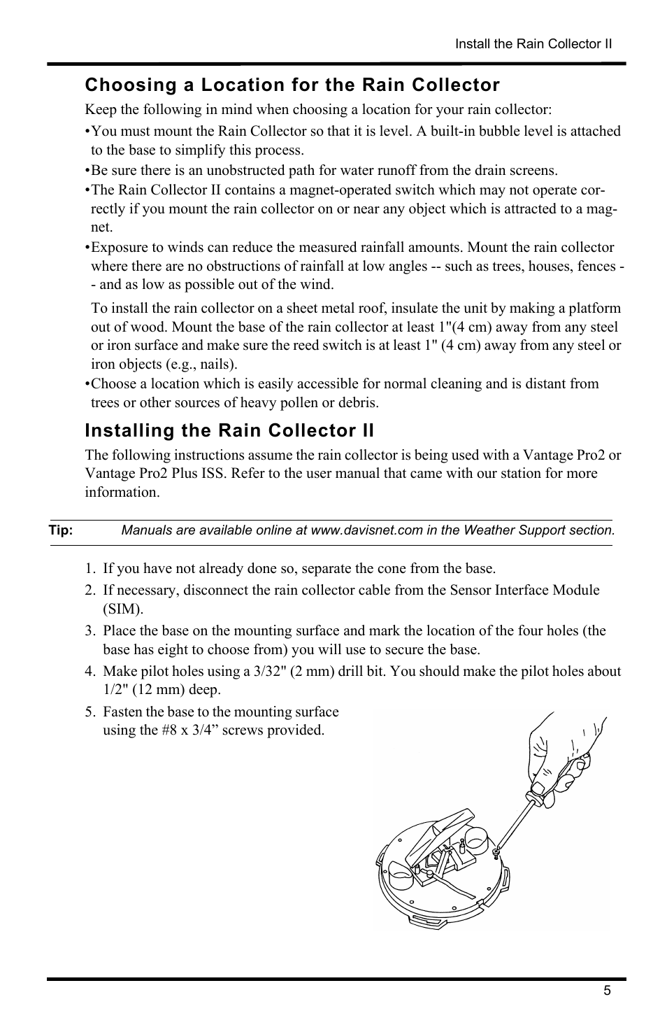 Choosing a location for the rain collector, Installing the rain collector ii | DAVIS Vantage Pro2 Rain Collector II User Manual | Page 5 / 8