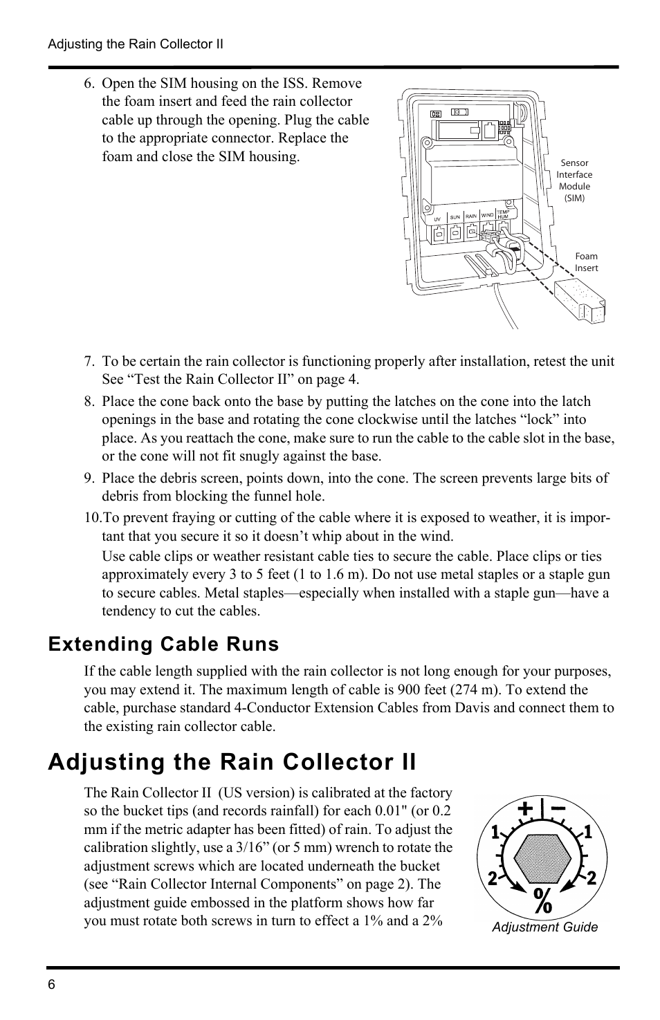 Extending cable runs, Adjusting the rain collector ii, Adjustment guide | DAVIS Vantage Pro2 Rain Collector II User Manual | Page 6 / 8