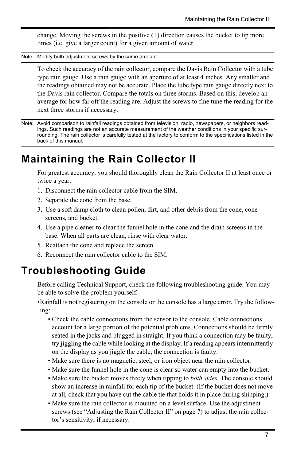 Maintaining the rain collector ii, Disconnect the rain collector cable from the sim, Separate the cone from the base | Reattach the cone and replace the screen, Reconnect the rain collector cable to the sim, Troubleshooting guide | DAVIS Vantage Pro2 Rain Collector II User Manual | Page 7 / 8