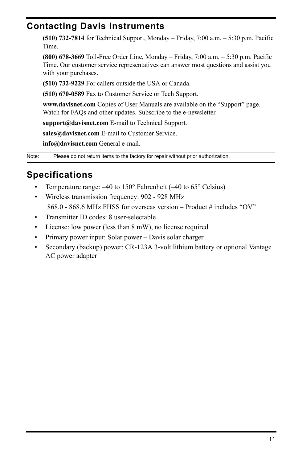 Contacting davis instruments, Specifications | DAVIS Anemometer Transmitter Kit User Manual | Page 11 / 12