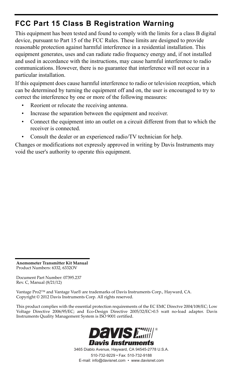 Fcc part 15 class b registration warning | DAVIS Anemometer Transmitter Kit User Manual | Page 12 / 12