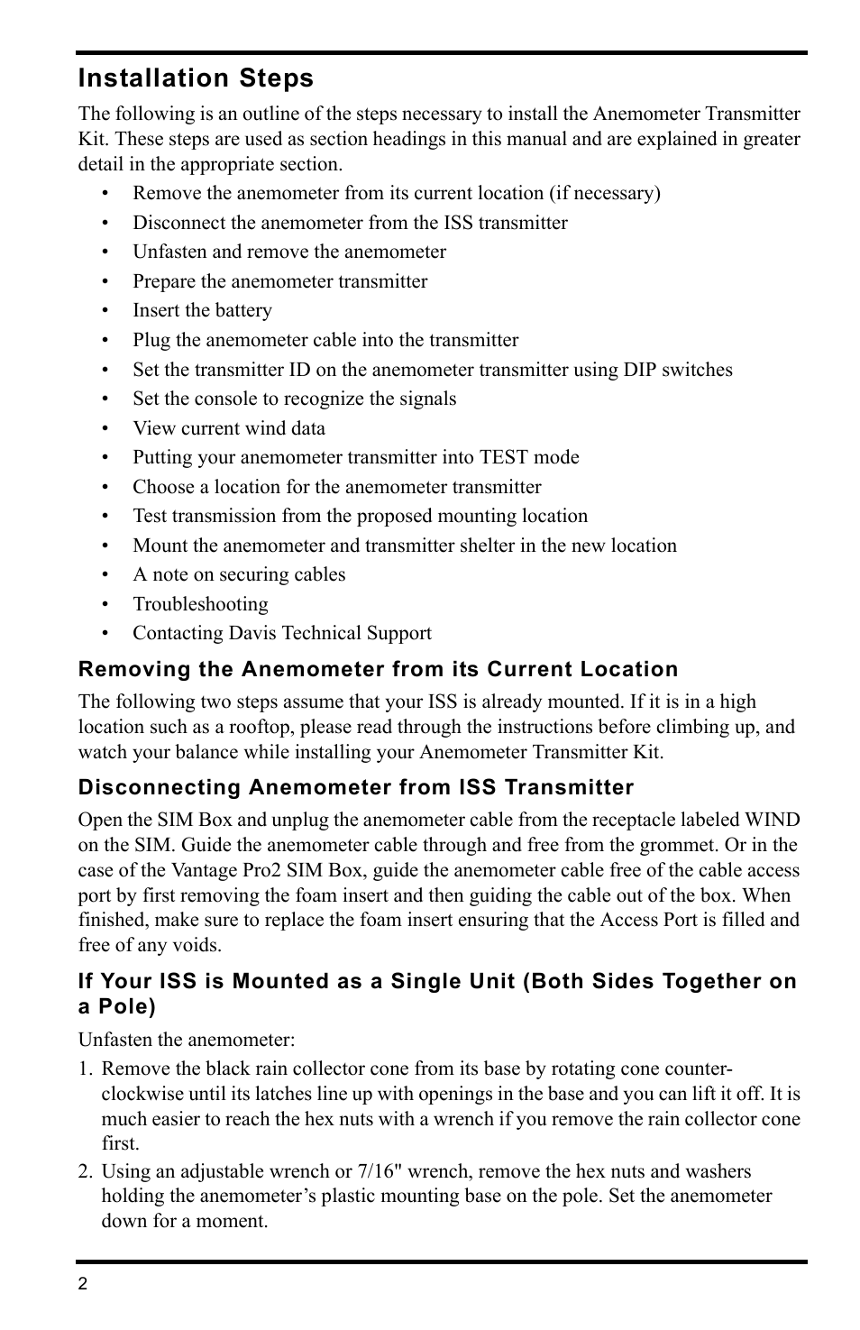 Installation steps, Removing the anemometer from its current location, Disconnecting anemometer from iss transmitter | DAVIS Anemometer Transmitter Kit User Manual | Page 2 / 12