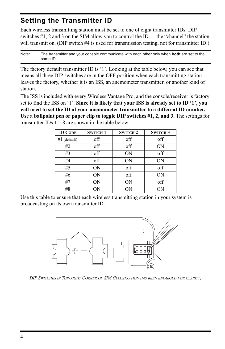 Setting the transmitter id, Id code, Switch 1 | Switch 2, Switch 3 | DAVIS Anemometer Transmitter Kit User Manual | Page 4 / 12