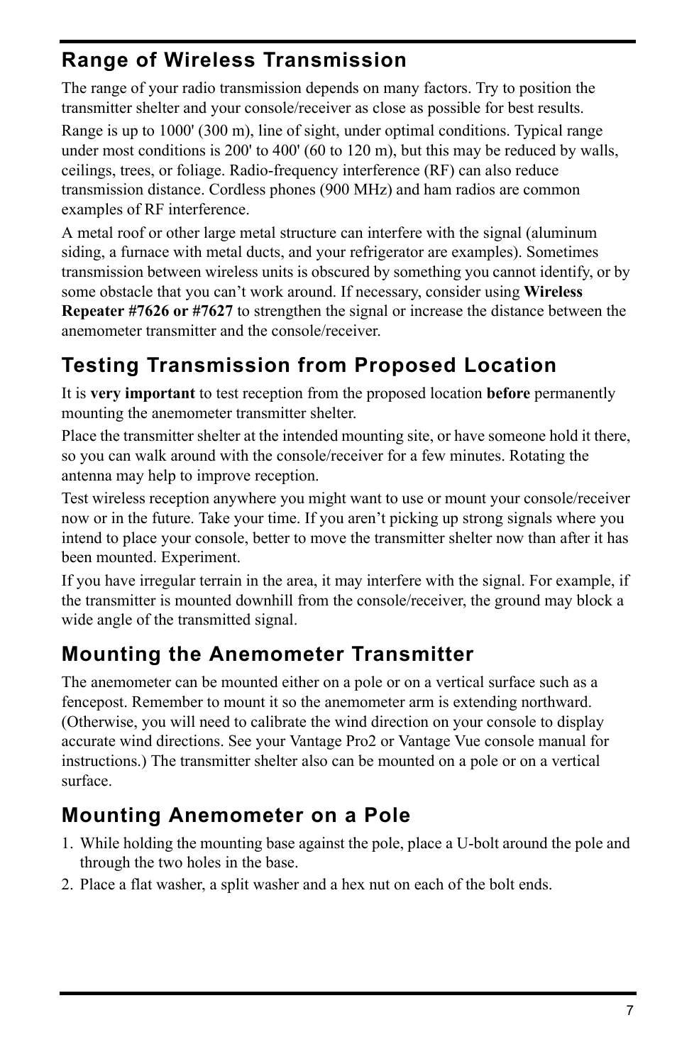 Range of wireless transmission, Testing transmission from proposed location, Mounting the anemometer transmitter | Mounting anemometer on a pole | DAVIS Anemometer Transmitter Kit User Manual | Page 7 / 12