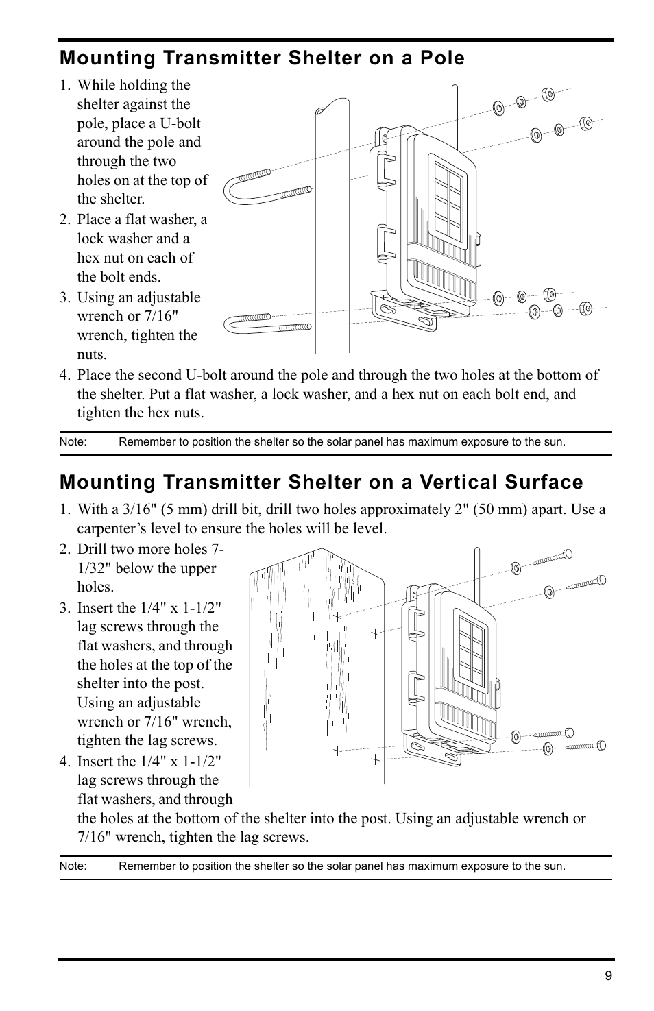 Mounting transmitter shelter on a pole, Mounting transmitter shelter on a vertical surface | DAVIS Anemometer Transmitter Kit User Manual | Page 9 / 12