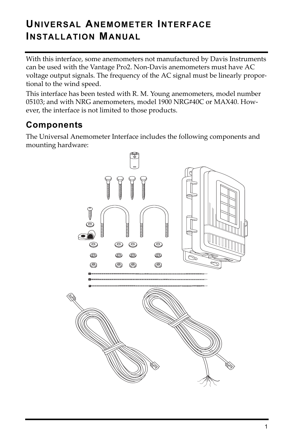 DAVIS Universal Anemometer Interface for Vantage Pro2 User Manual | 12 pages