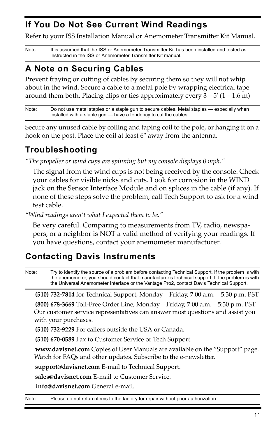 If you do not see current wind readings, Troubleshooting, Contacting davis instruments | DAVIS Universal Anemometer Interface for Vantage Pro2 User Manual | Page 11 / 12