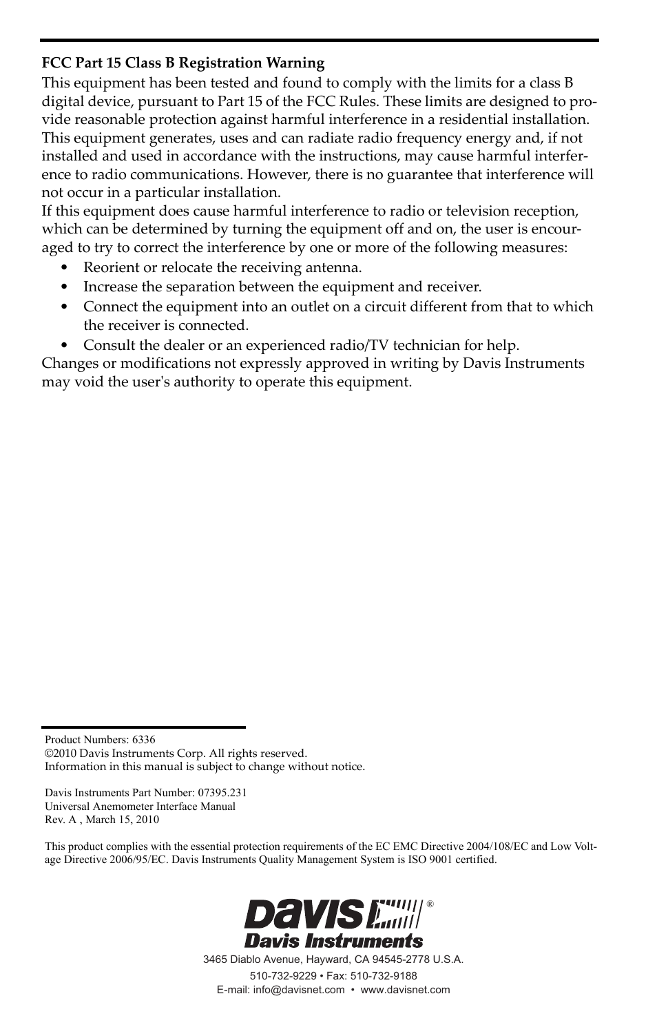 Fcc part 15 class b registration warning | DAVIS Universal Anemometer Interface for Vantage Pro2 User Manual | Page 12 / 12