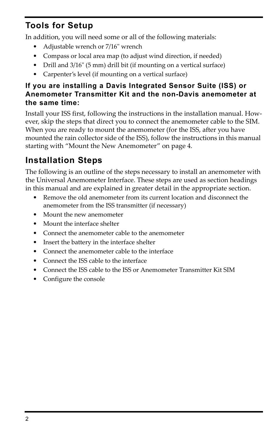 Tools for setup, Installation steps | DAVIS Universal Anemometer Interface for Vantage Pro2 User Manual | Page 2 / 12
