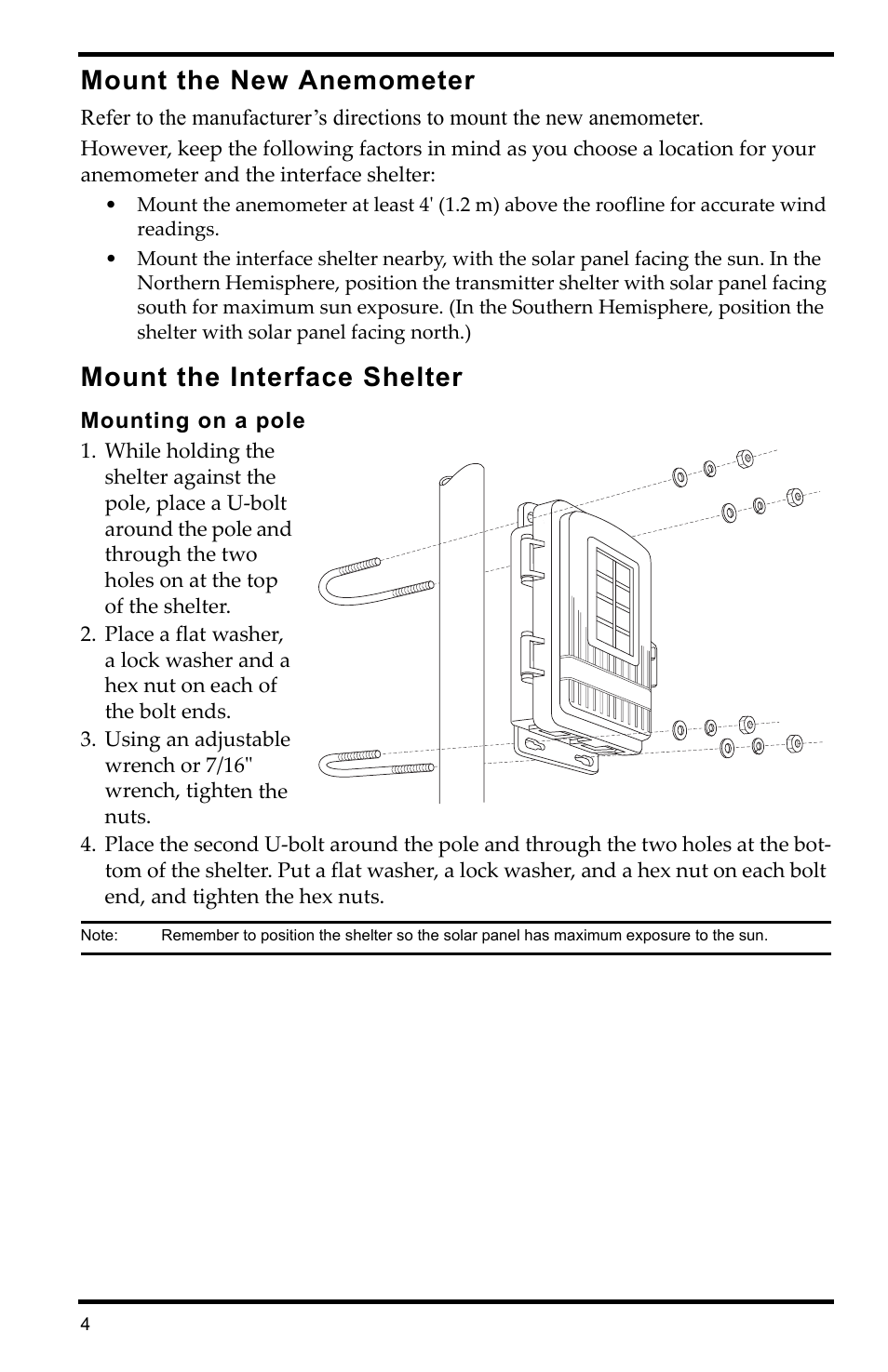 Mount the new anemometer, Mount the interface shelter, Mounting on a pole | DAVIS Universal Anemometer Interface for Vantage Pro2 User Manual | Page 4 / 12