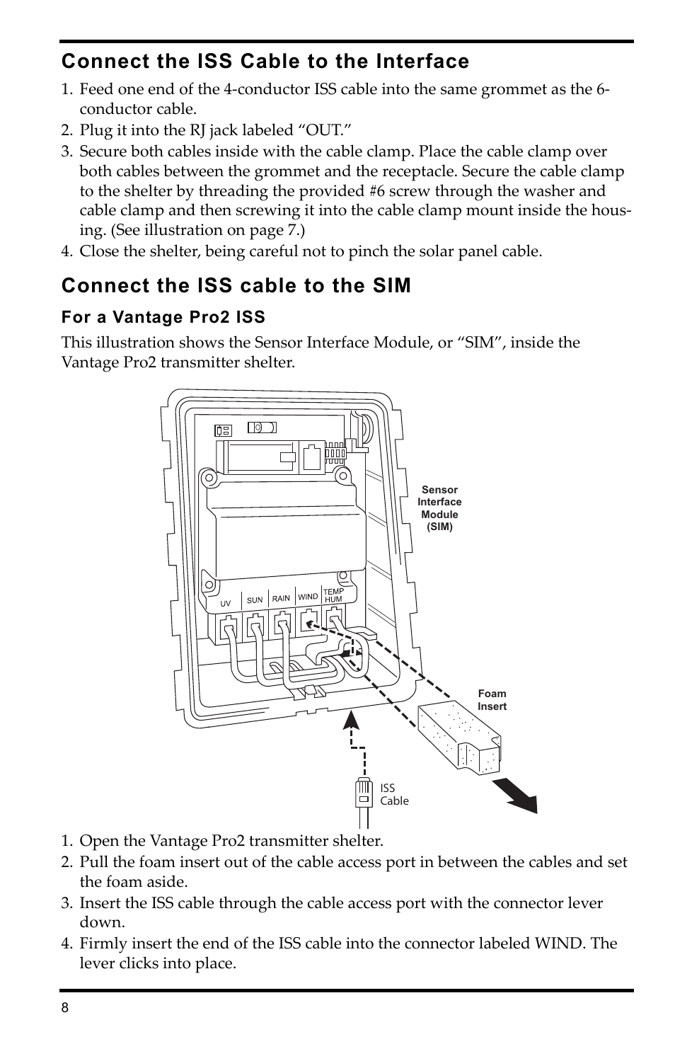 Connect the iss cable to the interface, Plug it into the rj jack labeled “out, Connect the iss cable to the sim | Open the vantage pro2 transmitter shelter | DAVIS Universal Anemometer Interface for Vantage Pro2 User Manual | Page 8 / 12